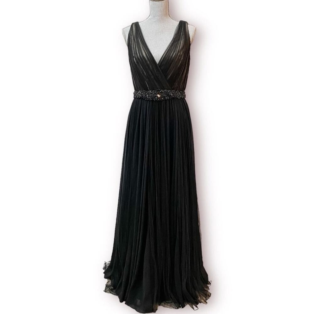 BADGLEY MISCHKA Black Pleated Tulle Chiffon Formal Gown
